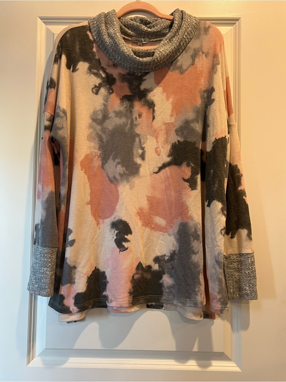 white birch Pink Gray Cream Cowl Neck Tie-Dye Sweater